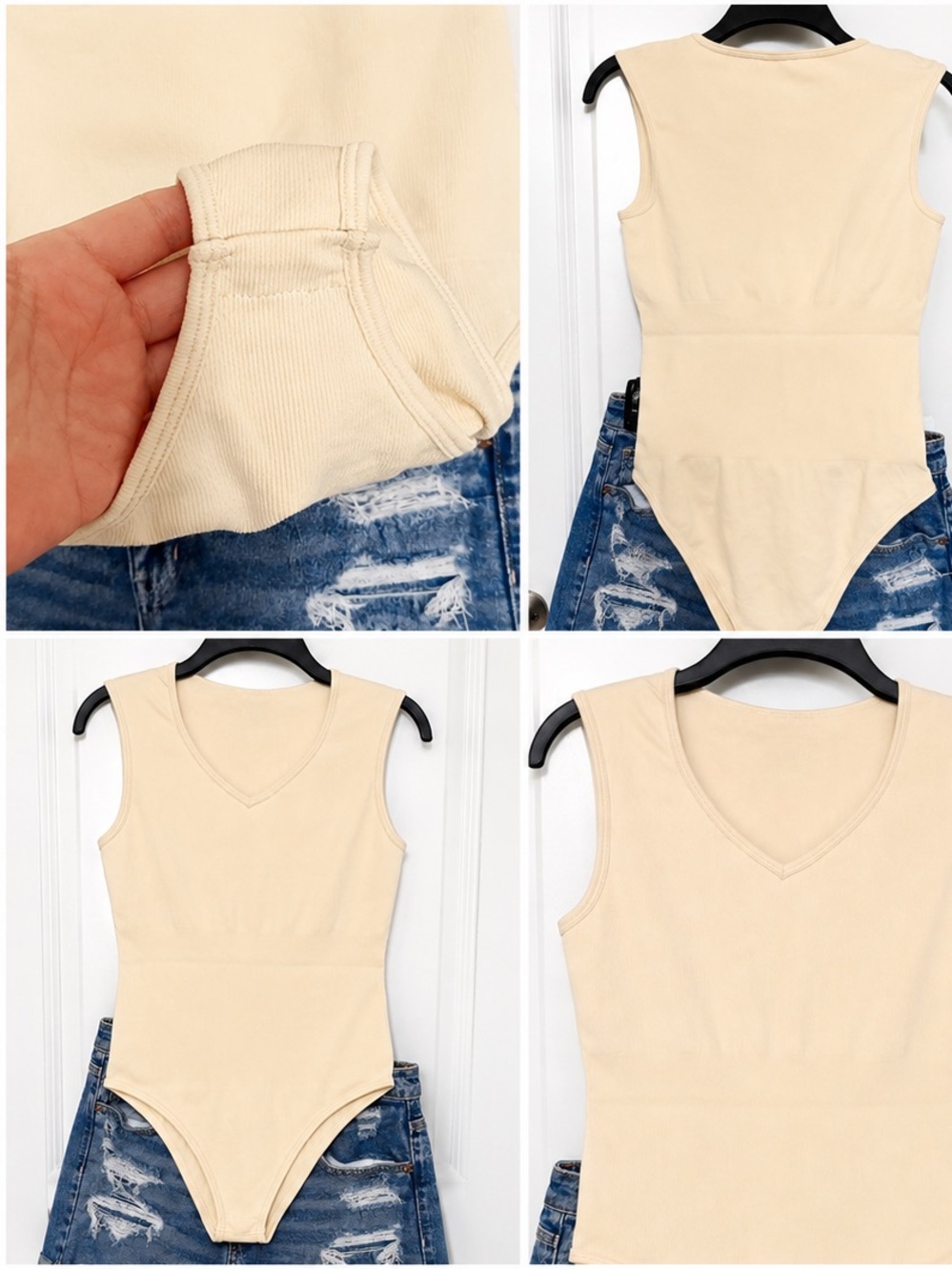 OQQ Ribbed V-Neck Bodysuit Tank Cream Beige Size L NWOT